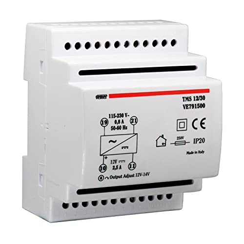 VEMER VE791500 TMS 12/30 - Netzteil für Hutschienen, Schaltnetzteil stabilisiert, Trafo mit Ausgangsspannung 12 V DC, Leistung 30 W, Weiß