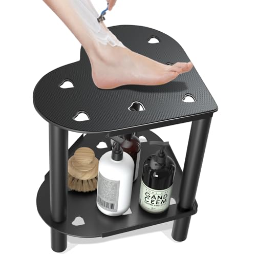 Image of Heart Shaped Shower Stool for Inside Shower, Small Corner Shower Stool with Storage Tray, Bath Seat for Seniors Adults, Durable Metal Shower Chair for Shaving Legs, Black