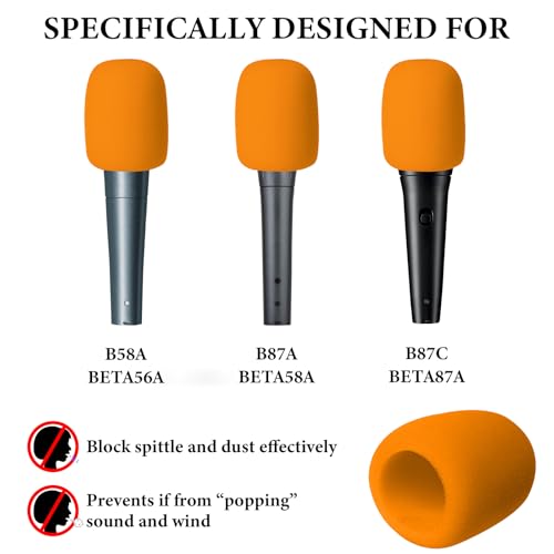 Image of Geekria for Creators Foam Windscreen Compatible with Shure MV7, BETA 57A, BETA 58A, PGA48-QTR Microphone Antipop Windshield, Mic Wind Cover, Sponge Foam Filter (Orange / 2 Pack)
