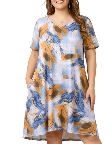 Image of OVERWORETY Womens Short Sleeve Plus Size T-Shirt Dress V Neck Casual Loose Swing A-Line Summer Tunic Dresses with Pockets