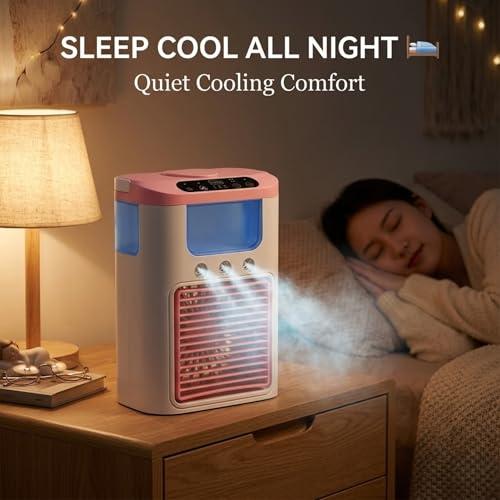 Image of Drumstone Portable Mini Air Cooler Fan with Water Tank, USB Personal Air Conditioner, 3 Speed Cooling Fan with Mist Spray, Quiet Desktop Cooling Fan for Home Office Bedroom Summer Cooler - Pink