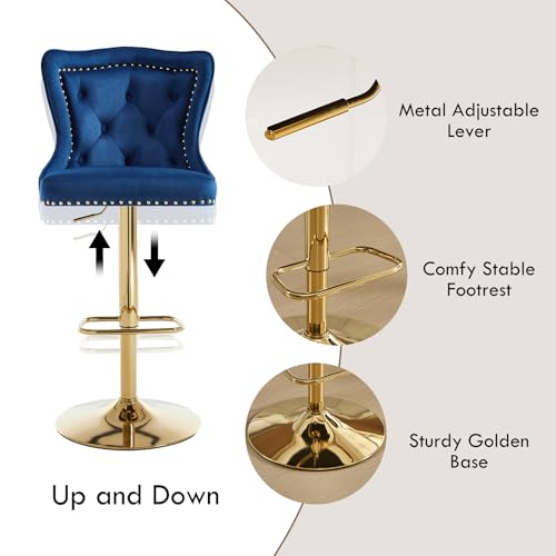 Butacos Giratorios Ajustables de Terciopelo, Juego de 6 Sillas Altas para Barra con Detalle de Anilla en Forma de León y Espalda Alta Acordonada, Estilo Moderno para Isla de Cocina, Azul Marino y Dorado miniatura 5
