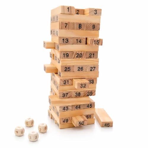 Image of Wooden Kids Tumbling Tower Number Game Blocks Set 54 PCS- Mini Stacking Tower for Indoor Stacking & Balancing Play,Wooden Building Block,Party Game,Brain Teaser-4 Dices (Medium)