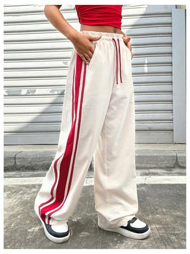 SHENHE Girl's Wide Leg Pants Drawstring Elastic Waist Side Striped Track Pants Baggy Trousers2
