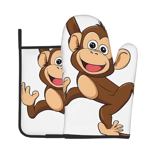Guanti da forno e presine, set da 2 pezzi, con stampa di una simpatica scimmia, guanti da cucina con presine per cucina, forno a microonde, barbecue all'aperto