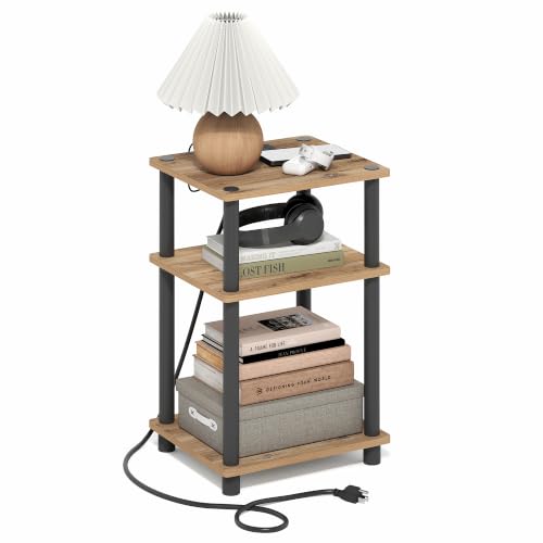 Image of Furinno Just 3-Tier Night Stand with Charging Station, Brown Oak | USB and Type-C Charging Port, Open Shelf Bedside Table, Side Table, End Table, for Living Room, Bedroom
