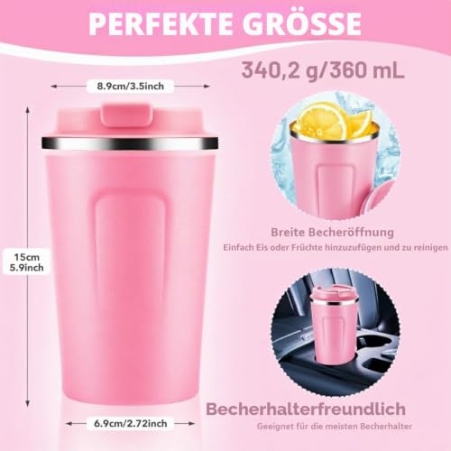 Volhoply 360ml doppelwandiger vakuumisolierter Reise-Thermobecher, 18/8 (304) Edelstahl-Kaffeebecher to go mit Klappdeckel… – Ansicht 2