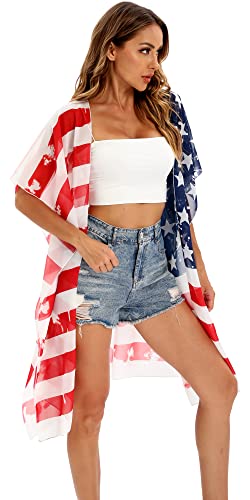 Image of DDSOL Women's American Flag Kimono Cover up Beachwear Cardigan Loose Tops Shirt Blouse