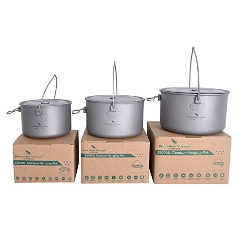 Boundless Voyage Titanium Hanging Pot For Outdoor Camping Backpacking Hiking Ultralight Portable Cooking Pot Camp Kitchen Cookware 1300Ml/1950Ml/2900Ml (3 Pcs Set) #TOP7