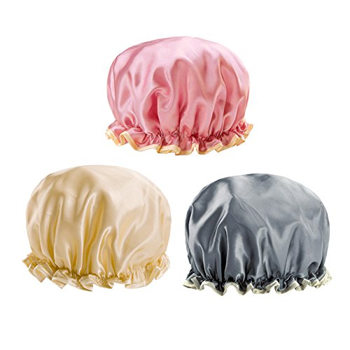 3 Pieces Pure Color Shower Hat,Double Layer Bath Caps Widened Waterproof Hat for Women Shower Spa Home Use (Gray+Champagne+Pink)