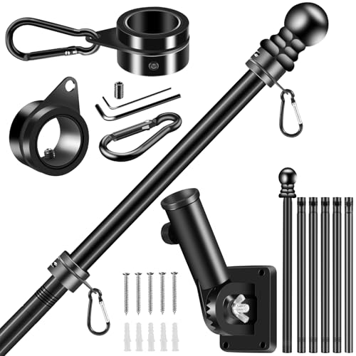 BONWIN Black Flagpole Kits for Outside House, 7 FT Thickened Stainless Steel Porch Wall Flag Pole for 3x5'/4x6' Flag, 1" Anti-Wrap Spinning Flagpole Ring, 180° Adjustable Multi-Position Bracket Holder