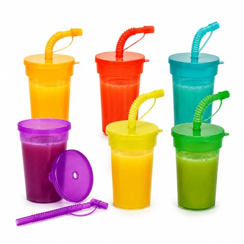 TIENDA EURASIA – Pack 6 Vasos de Plástico con Tapa y Pajita | 380 ml | Colores Surtidos | Apilables y Reutilizables | Ideales para Agua, Zumos y Refrescos | 8x17.5 cm
