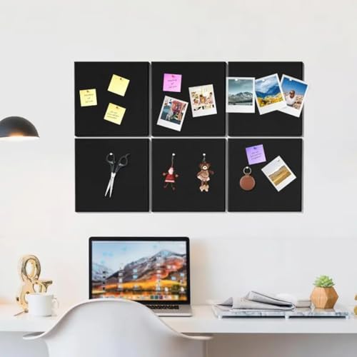 Image of Royalkart 6Pcs Rectangle Felt Bulletin Board Tiles for Wall - Black Self-Stick Notice Board with 30 Push Pins | Pin Board for Office, Study, Home Decor, Kids Room (30x21cm)