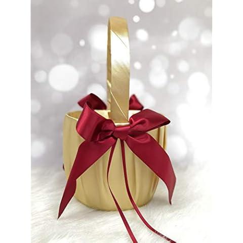 Abbie Home Flower Girl Basket in Gold Satin Cover with Burgundy Satin Ribbon Bow Decor Luxury Satin Collection Party Favor Set (Basket) Cover
