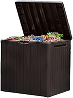 Keter City 30 Gallon Resin Deck Box - Weatherproof Outdoor Storage Side Table for Pool, Patio & Garden, Brown Wood Look