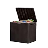 Keter City 30 Gallon Resin Outdoor Storage Box and Patio Furniture Side Table for Pool and Garden Accessories, Brown