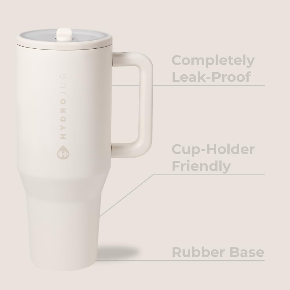 HydroJug Traveler 40 oz Water Bottle with Handle & Flip Straw | Fits in Cup Holder | Leak Resistant Tumbler | Reusable Insulated Stainless Steel | Rubber Base | Gifts for Women & Men | Cream - Image 3