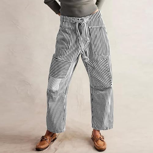 Patchwork Striped Pants Women Baggy Horseshoe Tie Waist Jeans Trendy Barrel Jeans Vintage Wide Leg Denim Pants2