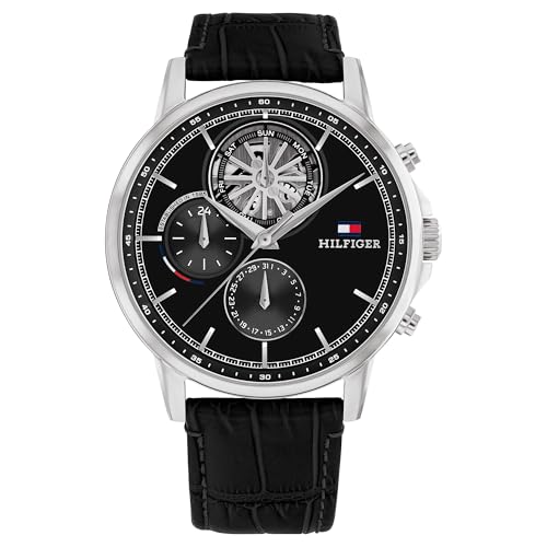 Image of Tommy Hilfiger Multifunction Black Dial Leather Strap Watch for Men