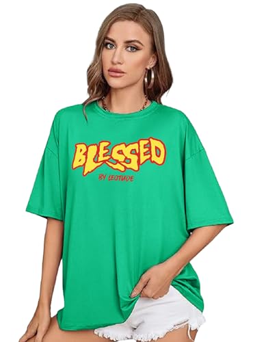 Image of LEOTUDE Women's Oversized Round Neck Half Sleeve Cotton Blend Graphic Printed T-Shirt | Top for Women & Girls (Color: Blue)