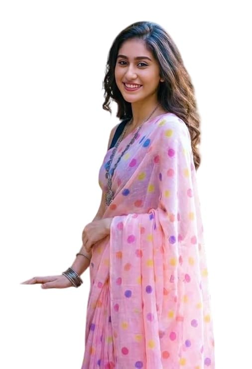 rajeshwar fashion with rf Rajeshwar Fashion (Women's Linen Cotton saree with polka dot digital print and latkan work | casual wear | Linen cotton | flower design | Unstitched blouse-picture-12