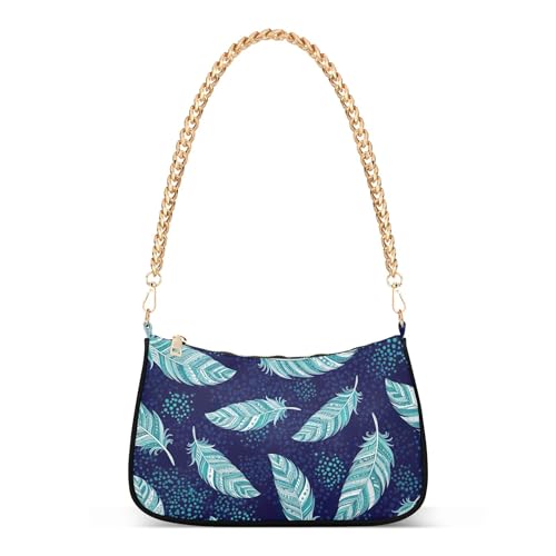 Tribal Green Feathers Blue Spots Medium Handbag Tote Womens Ladies Shoulder Bag Floral Zipper Small Hobo Purse with Chain Strap