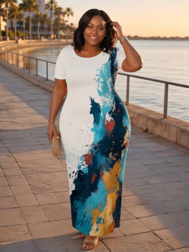 Image of PinkPatty Plus Size Dress for Women Casual Crew Neck Short Sleeve Maxi Dress Oversized Summer Beach Dresses with Pockets