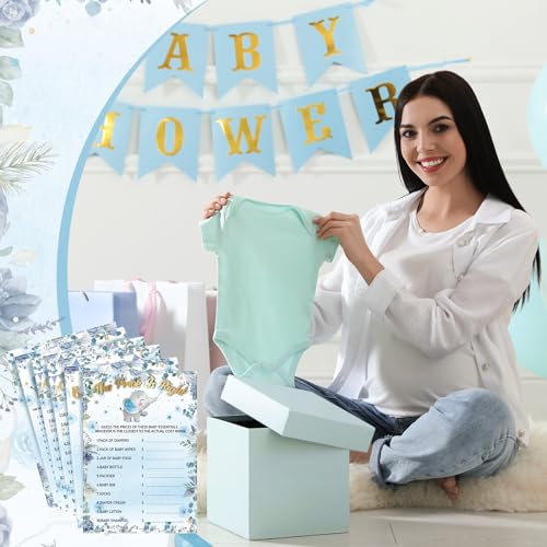 Image of Jetec 302 Pcs Blue Elephant Theme Baby Shower Games, 6 Games, 50 Sheets Each, Include Baby Shower, Word Scramble, Word Search, Predictions and Advice, The Price is Right