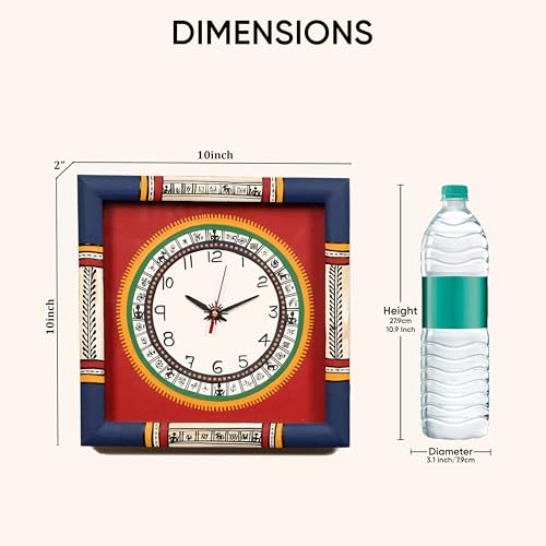 Image of AAKRITI ART CREATIONS Wall Clock Handcrafted Warli Art Dial with Glass Frame Blue, Red | Wall Clock for Home, Home Decoration | Lightweight Wooden wall Decor | Matte Finish