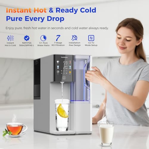 Image of C5 Countertop Reverse Osmosis Water Filter, Hot and Cold RO System-3s Instant Hot, 6 Temp Settings 7-Stage RO Filtration Dispenser, NSF /ANSI372 /42 /58, Portable Pitcher, 3:1 Pure to Drain