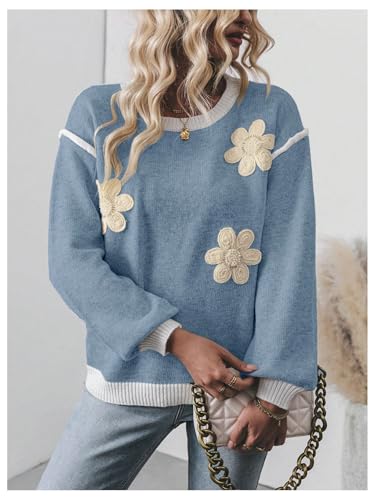 Image of RoseSeek Women's 3D Floral Appliques Crewneck Sweaters Long Sleeve Drop Shoulder Pullovers Elegant Knit Tops