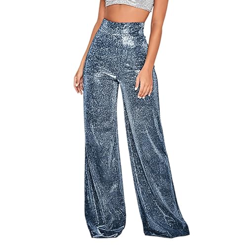 Generisch Omens – Pantalones largos de lentejuelas brillantes para casa, pantalones altos elásticos casuales, azul, S