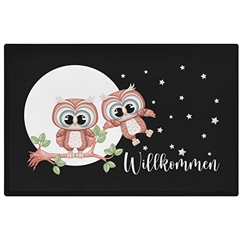 Trendation - Willkommen Fußmatte Grafik Schmutzfangmatte Geschenk Außen Innenbereich 60x40 cm Waschbar Türmatte Eulen