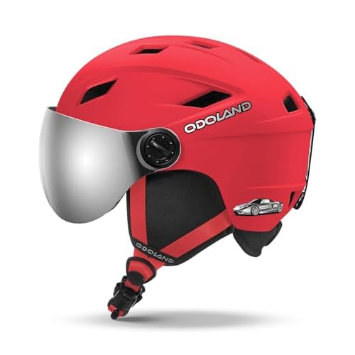 Odoland Kids Ski Helmet with Visor Goggles for Boys Girls, Adjustable Toddler Snowboard Helmet with Magnetic Buckle Strap for Children Ages 3-12 for Skiing Matte Red XS (49-53cm)
