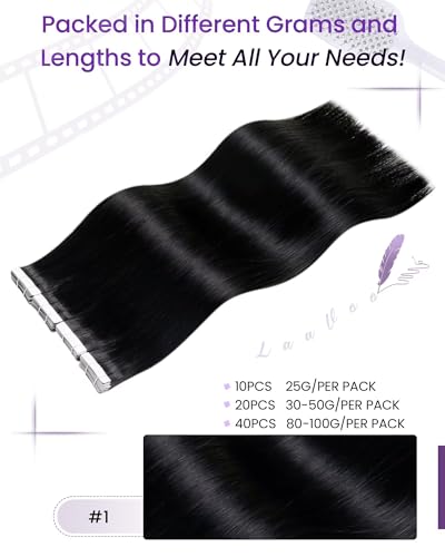 Image of LaaVoo Human Hair Tape in Extensions Black Tape in Hair Extensions Human Hair Invisible Tape on Human Hair Extension Real Hair 16inch 20pcs 40g