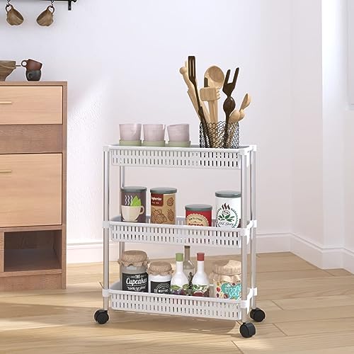 Tidyard - Carro de almacenamiento de 3 niveles, color plateado y blanco, aluminio, estante de almacenamiento con ruedas, postre móvil para cocina, comedor, cuarto de baño, sala de estar, oficina