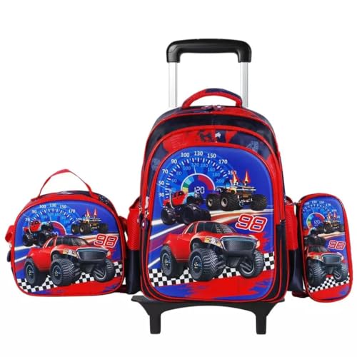 Mochila escolar de rodinhas com LED, kit 3 peças com mochila. lancheira forrada e estojo, para meninos e meninas de 6 a 12 anos (CARRINHO)