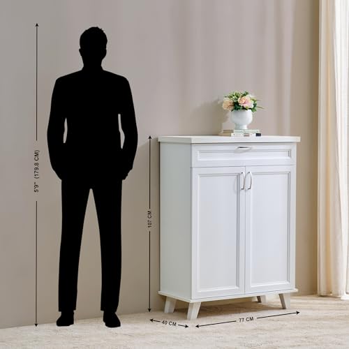 Image of Home Centre | Helios Alton 12 Pairs Shoe Cabinet with Drawer | Engineered Wood | White | 1 Year Warranty