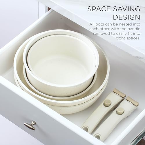 Image of Country Kitchen Cookware Set with Removable Handle, Oven & RV Safe Pots and Pans Set, Cream, Deluxe Larger Set