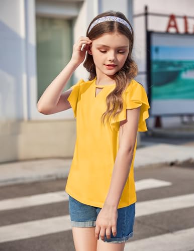 Arshiner Kids Girls Yellow Shirt Casual Short/Long Sleeve Shirts Kids Loose Tunic Tops Ruffle Cotton Tee Blouses3