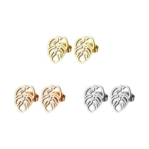 3 Pairs Stainless Steel Tiny Monstera Leaf Stud Earrings for Women (gold+rose gold+silver) Cover