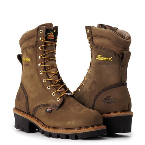 Thorogood Logger Series 9” Waterproof Steel Toe Work Boots for Men - Premium Leather with Storm Welt Construction and Slip-Resistant Vibram Outsole; EH Rated, Studhorse Brown - 10.5 XW US2
