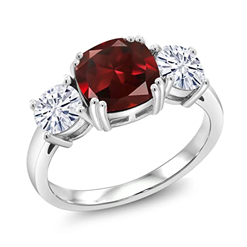 Gem Stone King 3.60 Cttw Red Garnet and White Moissanite 3-Stone Engagement Ring For Women | 925 Sterling Silver | January Birthstone | Cushion 8MM and Round 5MM | Available in Size 5,6,7,8,9