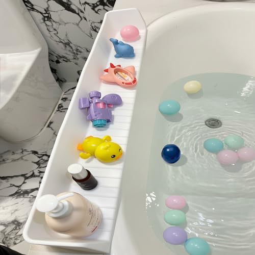 DubiLaka 31.5 Bathtub Splash Guard for Kids & Toddlers - Silicone Play Shelf & Toy Storage Tray with Strong Suction Cups to Prevent Water Spills No-Leak Fun Bath Time - Tub Toy Holder Ledge White