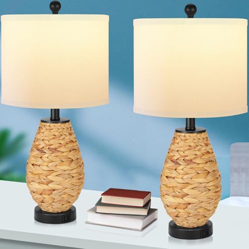 TPAMSWO Coastal Table Lamps Set of 2, Retro Natural Seagrass Rattan Woven 24" Bedside Lamp, for Bedroom Living Room Home Nightstand Table Lamp(with USB C+A 5V 2.1A Charging Ports) - Image 2