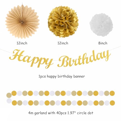 Image of White-Gold Champagne Birthday Party-Decorations Paper-Flowers - 14pcs Happy Banner Engagement Honeycomb Tissue Pom Poms,Women Streamers Garland Beige Fans,21st 18th Girl Hanging Supplies Decor Hugfond