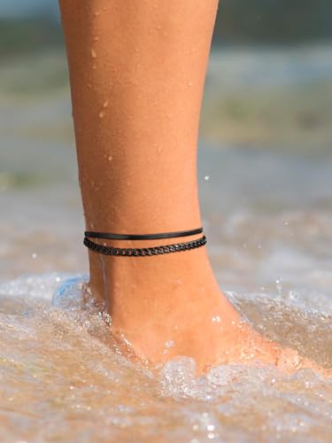 Image of FindChic Black /Silver /Gold Plated Anklets Set of 2PCS /3PCS Herringbone Chain Cuban Link Heart Charm Sparkling Tennis Ankle Bracelets, Waterproof Summer Foot Jewelry for Beach