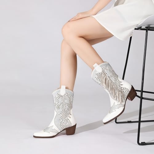 Tsrenlmln Ankle Boots for Women Pointed Toe Rhinestone Boots Chunky Heel Rivet Western Cowboy Boots With Tassel Womens Cowgirl Booties Slip-On Short Boots4