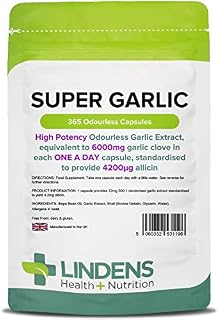 Lindens Super Garlic Odourless Capsules - 365 Pack - High Strength 6000mg (4200mcg Allicin) - Contributes to Normal Muscle Function, Heart Health and Immune Health - UK Manufacturer, Letterbox Friendly