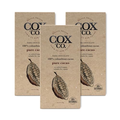 Cox&Co. Dark Chocolate Bar - 3 x 70g Large Bars with Single Origin Colombian 100% Cacao Chocolate